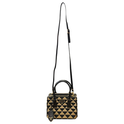 PRADA Jacquard Triangle Symbole Jacquard Triangle Mini Tote Handbag Black and Beige Gold Hardware PR203