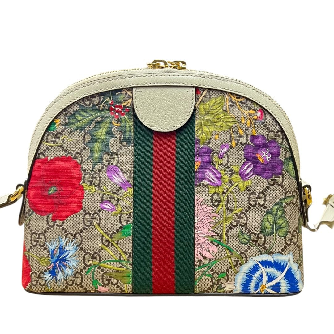 GUCCI GG Flora Canvas Ophidia GG Flora Small Shoulder Bag, Beige/Ebony (canvas) with Multicolor Floral Print and Cream/Off-white Leather Trim, Gold Hardware, GU628