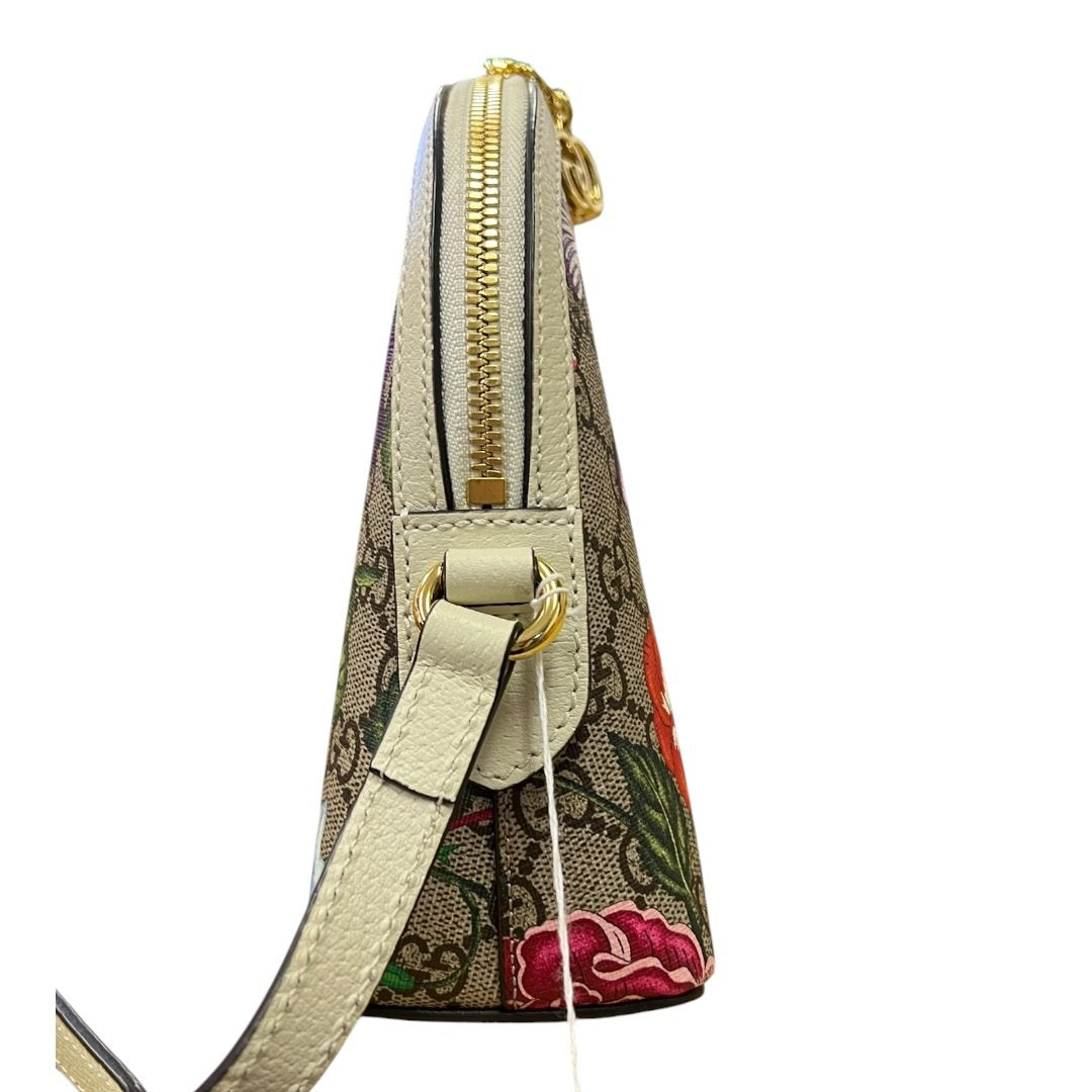 GUCCI GG Flora Canvas Ophidia GG Flora Small Shoulder Bag, Beige/Ebony (canvas) with Multicolor Floral Print and Cream/Off-white Leather Trim, Gold Hardware, GU628