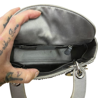 DIOR Embellished Satin Lady Dior Handbag Metallic Grey Silver Hardware Ch2157