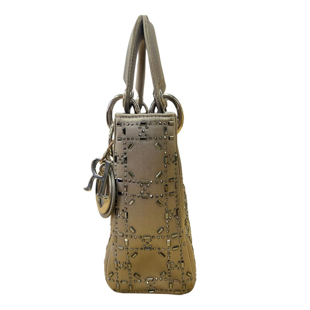 DIOR Embellished Satin Lady Dior Handbag Metallic Grey Silver Hardware Ch2157