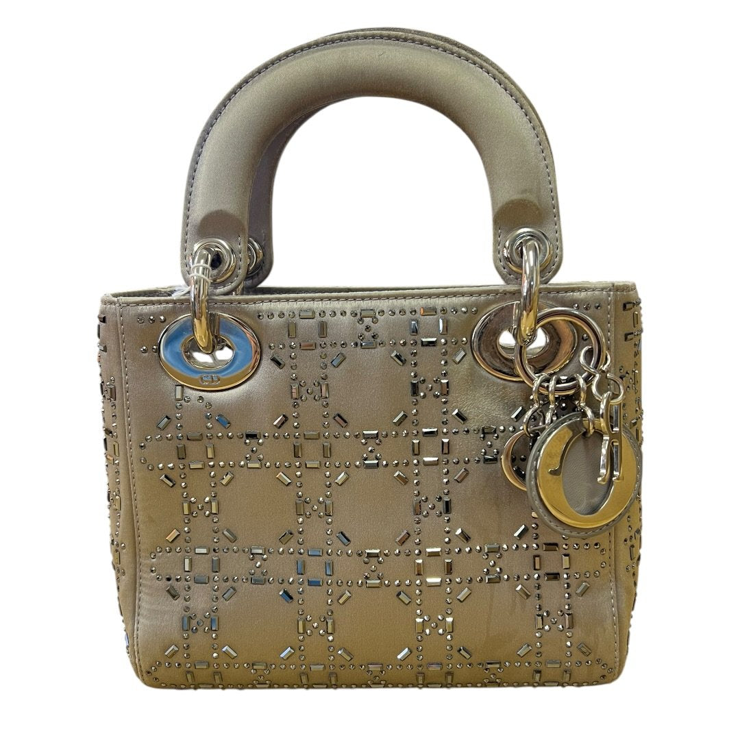 DIOR Embellished Satin Lady Dior Handbag Metallic Grey Silver Hardware Ch2157
