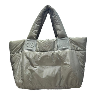 CHANEL Padded Nylon Coco Cocoon Tote Bag Khaki (exterior) / Burgundy (interior) Silver Hardware CH2163