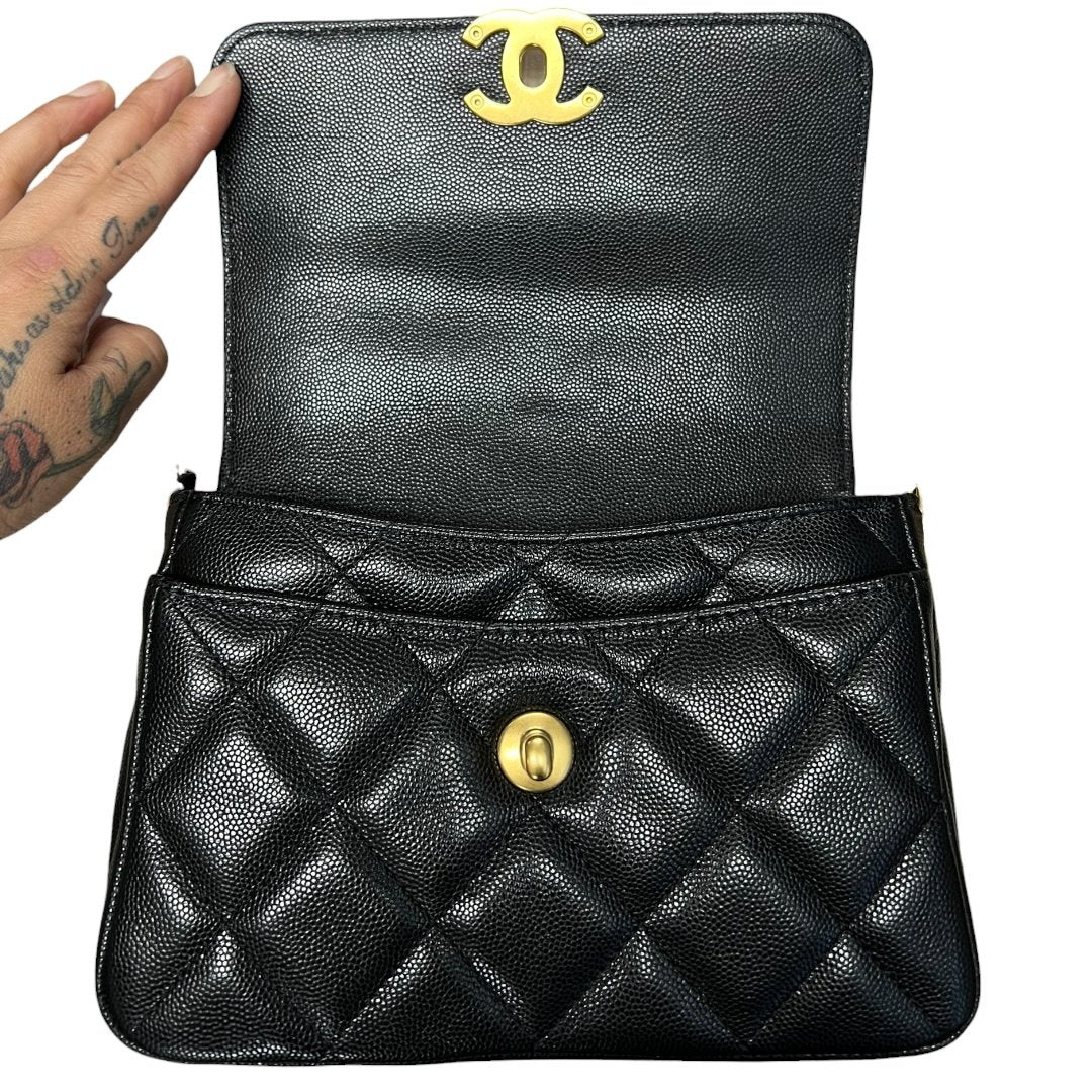 CHANEL Caviar Mini Flap Bag Shoulder Bag Black Gold Hardware CH2167
