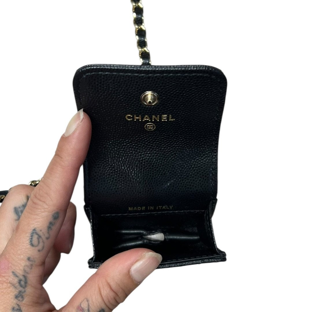 CHANEL Caviar Phone Holder with Airpods Pouch Crossbody Bag Black Crystal-embellished Gold Hardware CH2161