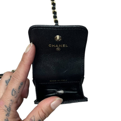 CHANEL Caviar Phone Holder with Airpods Pouch Crossbody Bag Black Crystal-embellished Gold Hardware CH2161