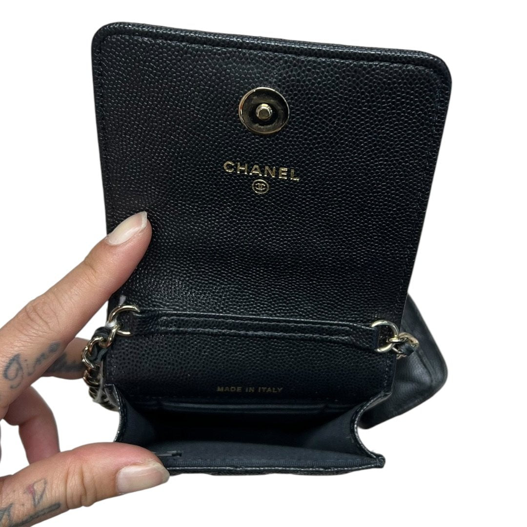 CHANEL Caviar Phone Holder with Airpods Pouch Crossbody Bag Black Crystal-embellished Gold Hardware CH2161