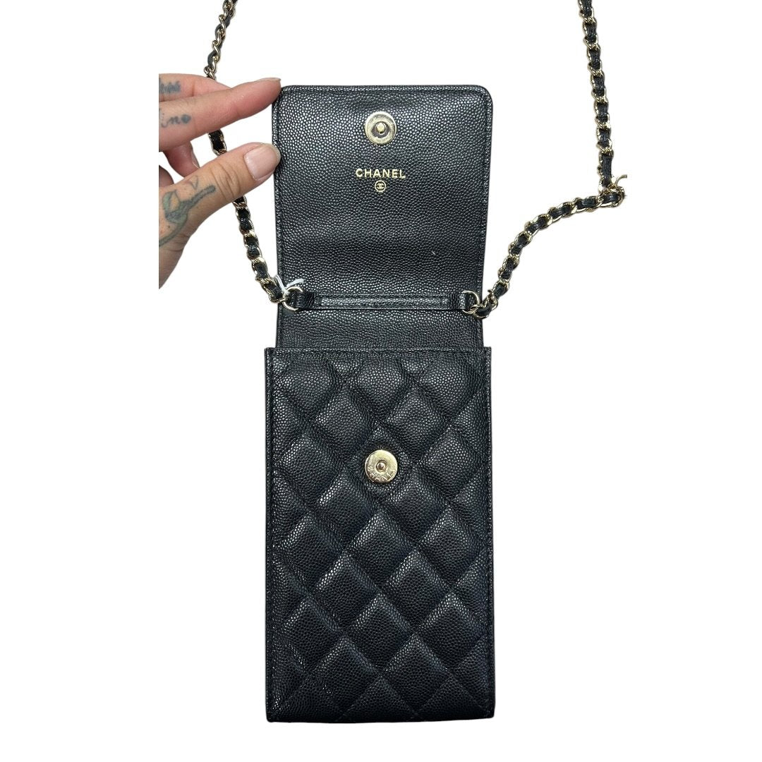 CHANEL Caviar Phone Holder with Airpods Pouch Crossbody Bag Black Crystal-embellished Gold Hardware CH2161