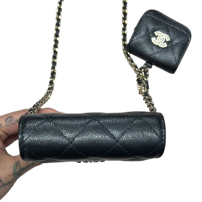 CHANEL Caviar Phone Holder with Airpods Pouch Crossbody Bag Black Crystal-embellished Gold Hardware CH2161