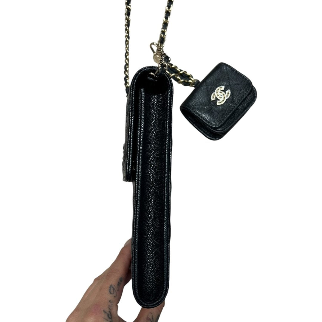 CHANEL Caviar Phone Holder with Airpods Pouch Crossbody Bag Black Crystal-embellished Gold Hardware CH2161