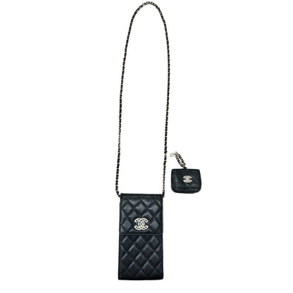 CHANEL Caviar Phone Holder with Airpods Pouch Crossbody Bag Black Crystal-embellished Gold Hardware CH2161