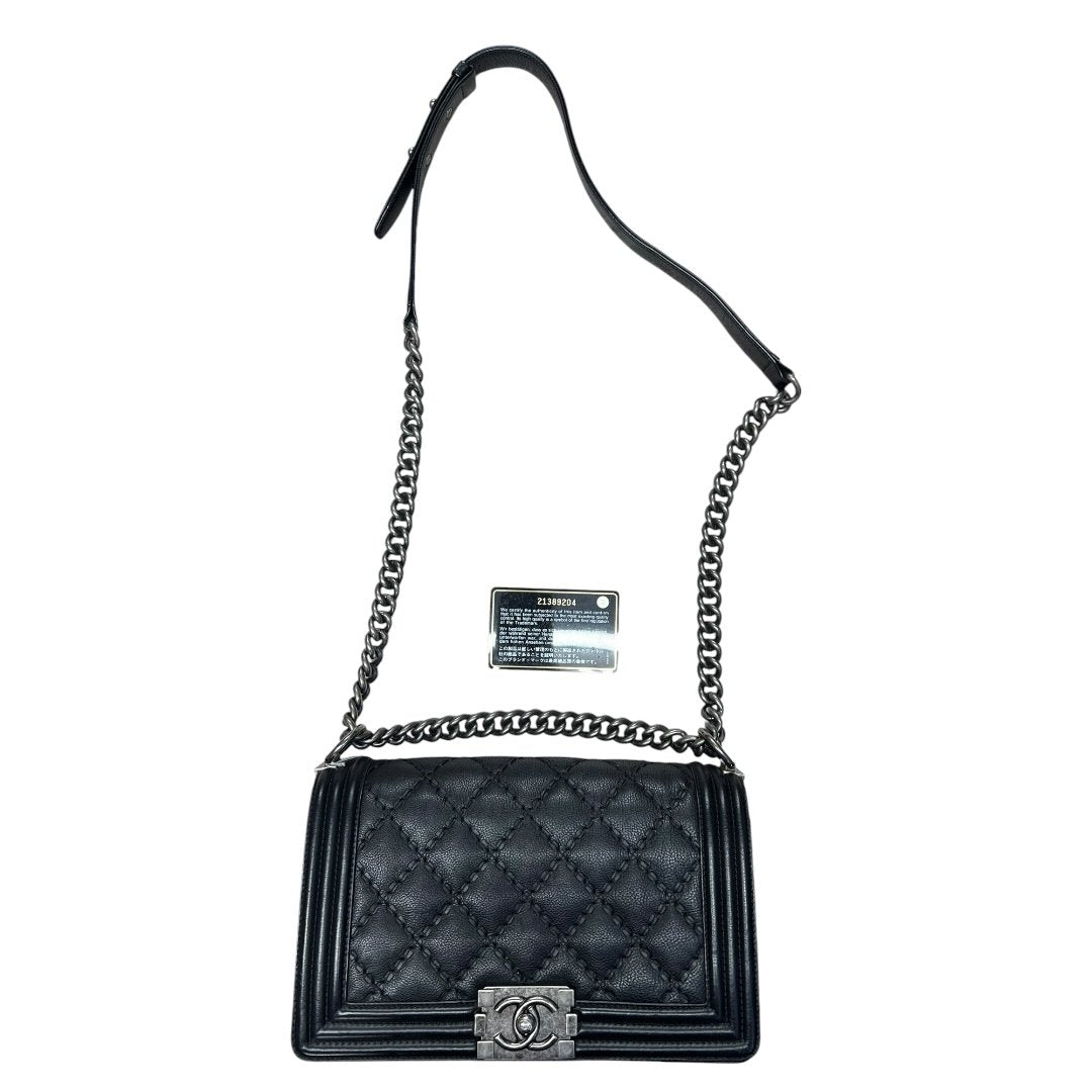 CHANEL Lambskin Boy Chanel Shoulder Bag Black Silver Hardware CH2160