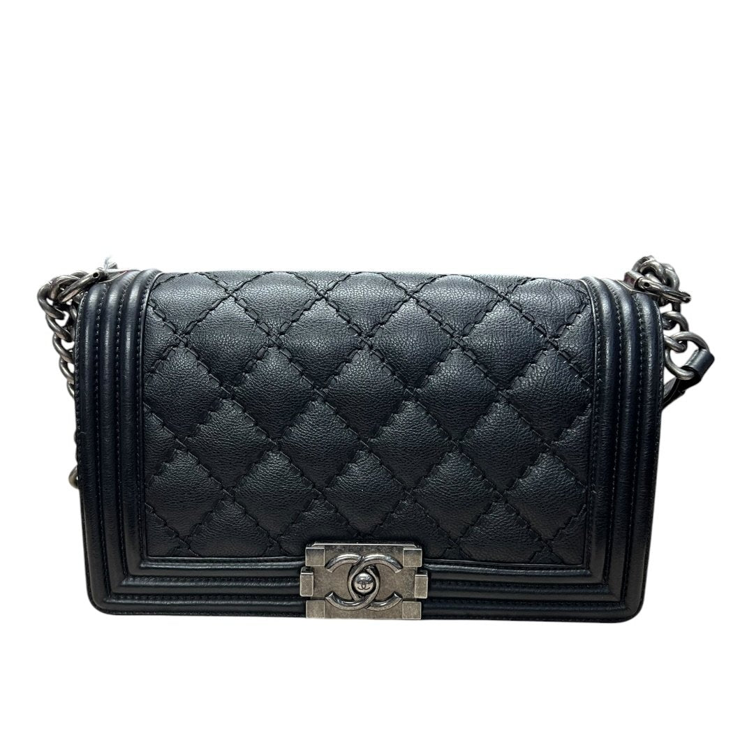 CHANEL Lambskin Boy Chanel Shoulder Bag Black Silver Hardware CH2160