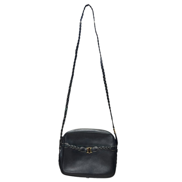 GUCCI Leather Vintage Braided Interlocking G Shoulder Bag Black Gold Hardware Gu655