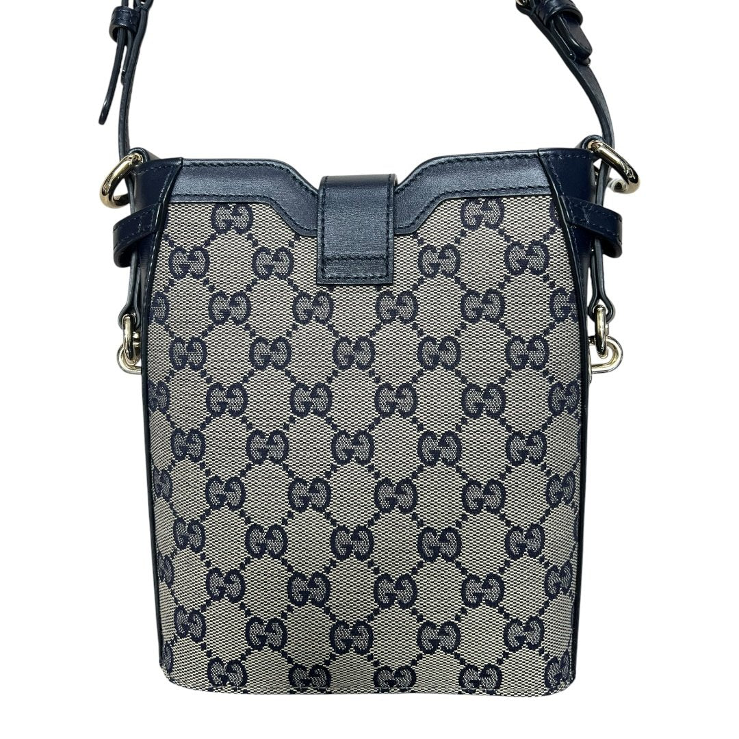 GUCCI GG Canvas, Leather Mini Bucket Bag Crossbody Bag Navy Blue, Beige, Red Silver Hardware Gu642