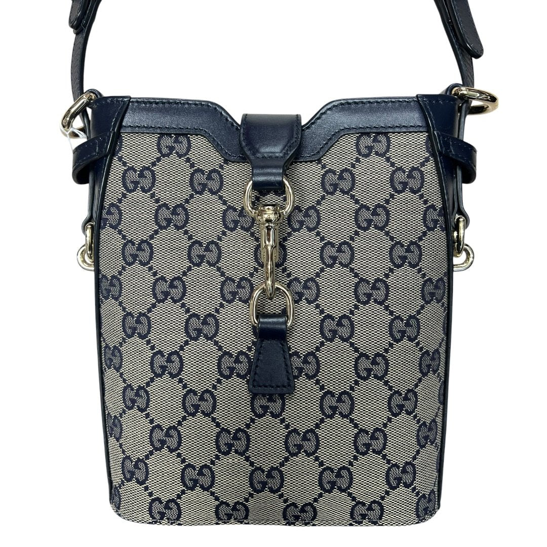 GUCCI GG Canvas, Leather Mini Bucket Bag Crossbody Bag Navy Blue, Beige, Red Silver Hardware Gu642