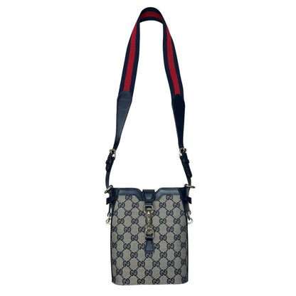 GUCCI GG Canvas, Leather Mini Bucket Bag Crossbody Bag Navy Blue, Beige, Red Silver Hardware Gu642