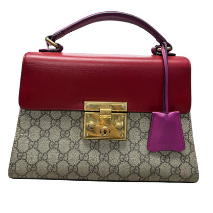 GUCCI GG Supreme Canvas & Leather Padlock Top Handle Bag Handbag Beige, Red, Fuchsia Gold Hardware Gu640