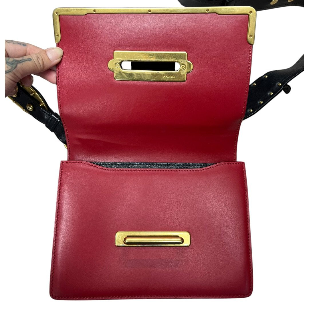 PRADA Leather Cahier Shoulder Bag Red, Black Gold Hardware PR205