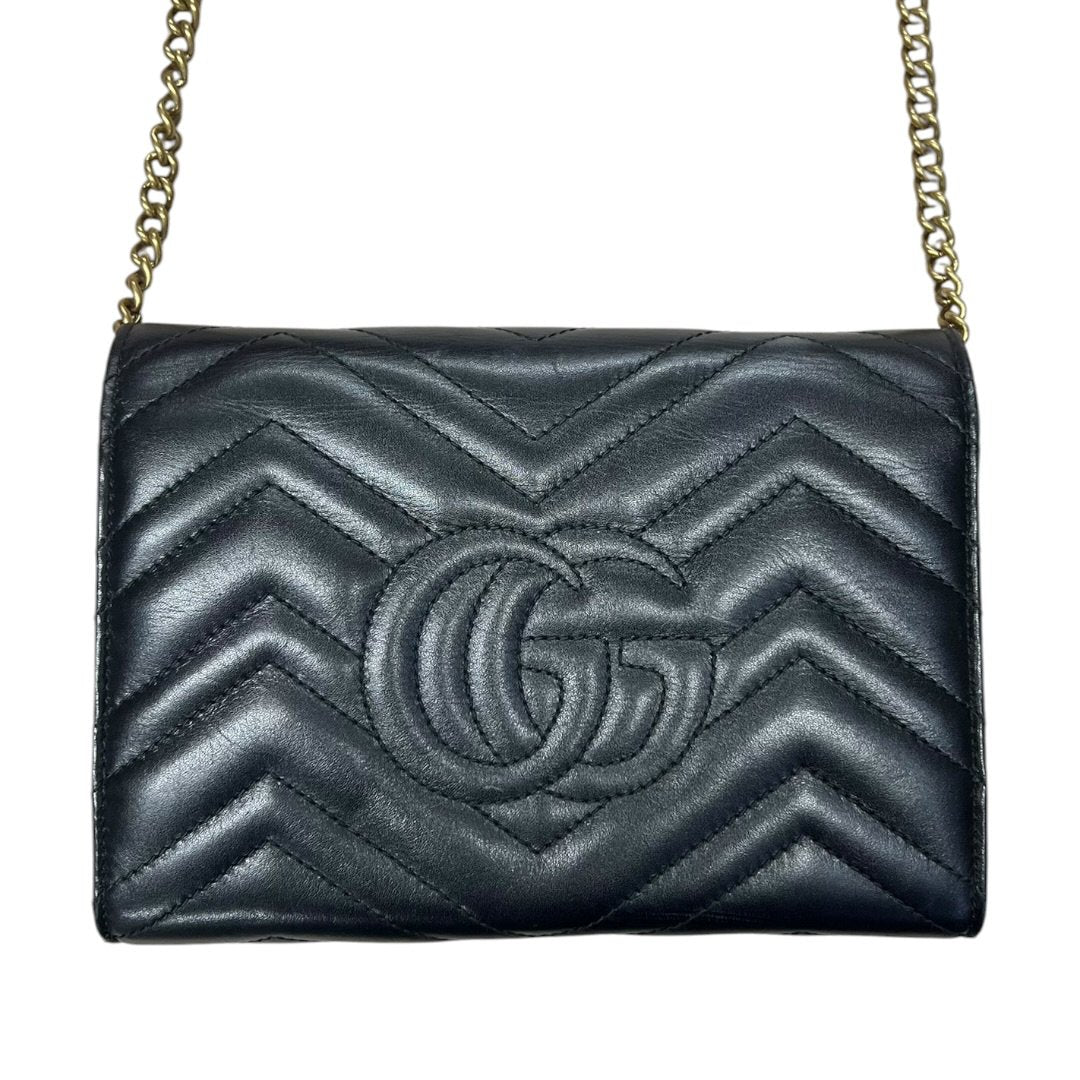 GUCCI Matelassé Leather GG Marmont Matelassé Wallet-on-Chain Black Gold Hardware Gu638