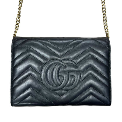 GUCCI Matelassé Leather GG Marmont Matelassé Wallet-on-Chain Black Gold Hardware Gu638