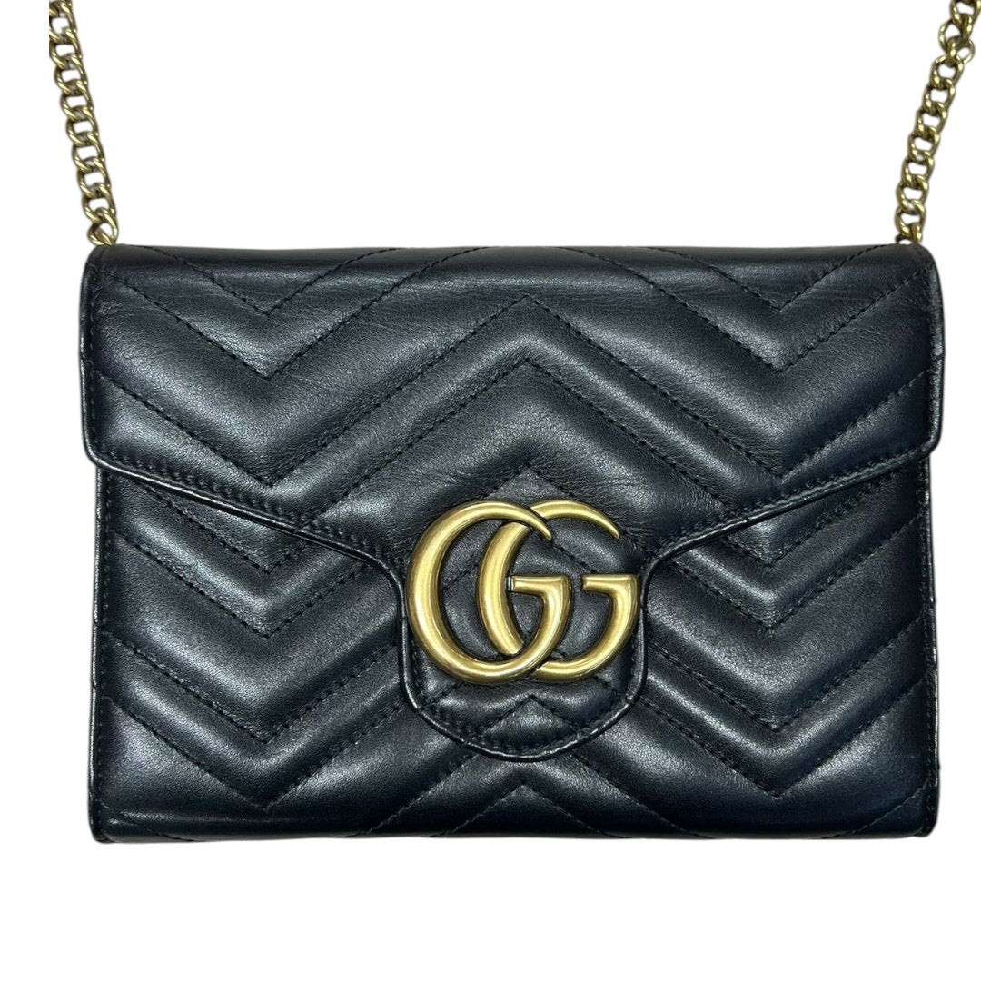 GUCCI Matelassé Leather GG Marmont Matelassé Wallet-on-Chain Black Gold Hardware Gu638