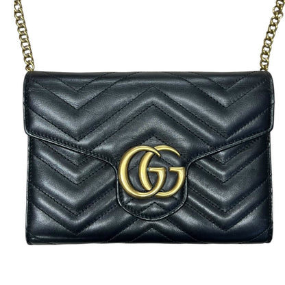 GUCCI Matelassé Leather GG Marmont Matelassé Wallet-on-Chain Black Gold Hardware Gu638