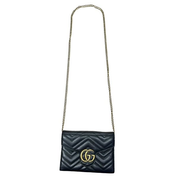 GUCCI Matelassé Leather GG Marmont Matelassé Wallet-on-Chain Black Gold Hardware Gu638