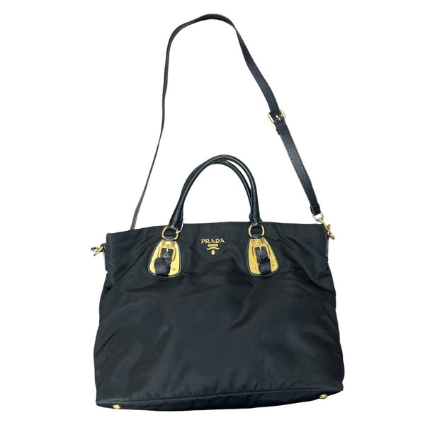 PRADA Tessuto Nylon Tote Bag Tote Black Gold Hardware PR206