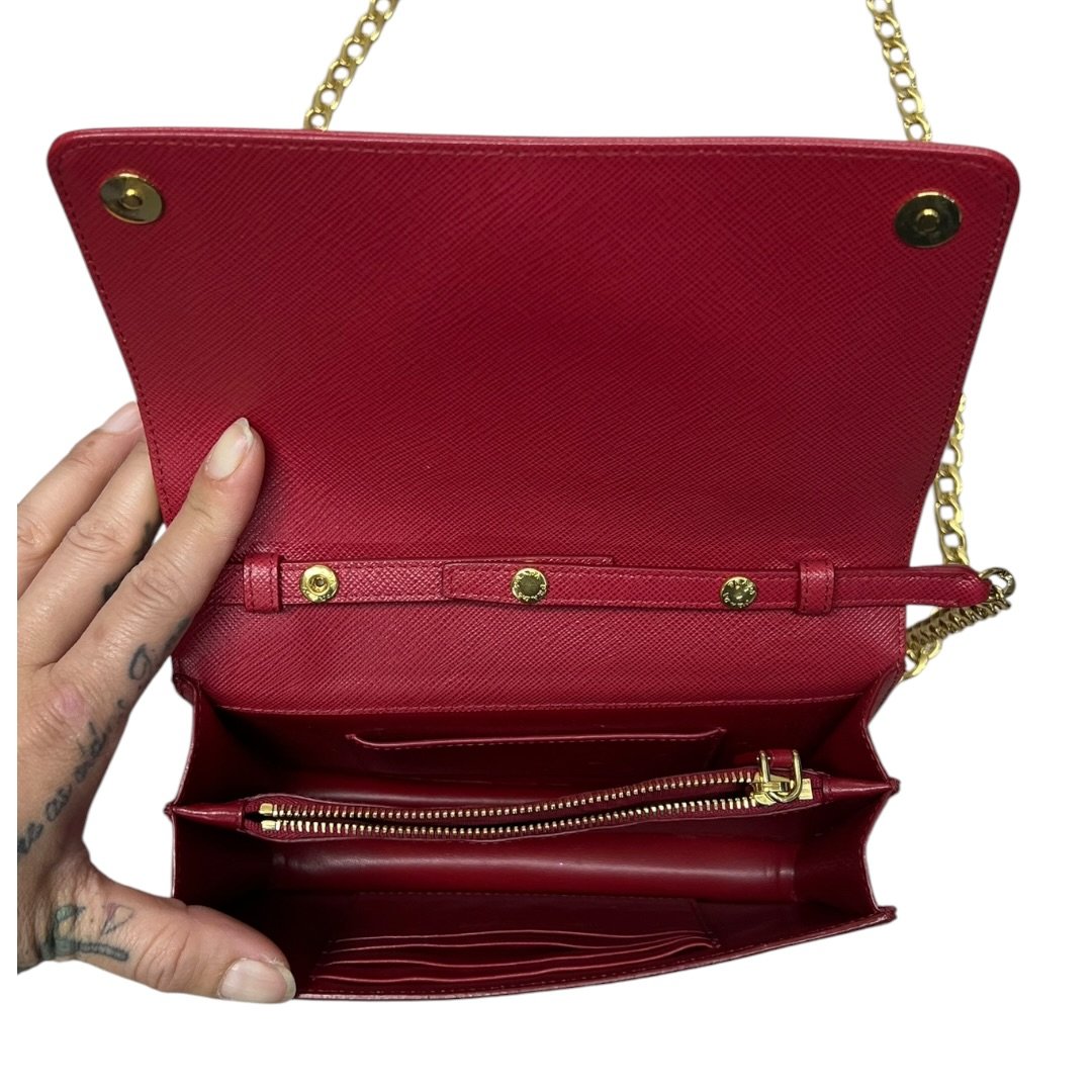PRADA Saffiano Wallet on Chain Shoulder Bag Red Gold Hardware PR207