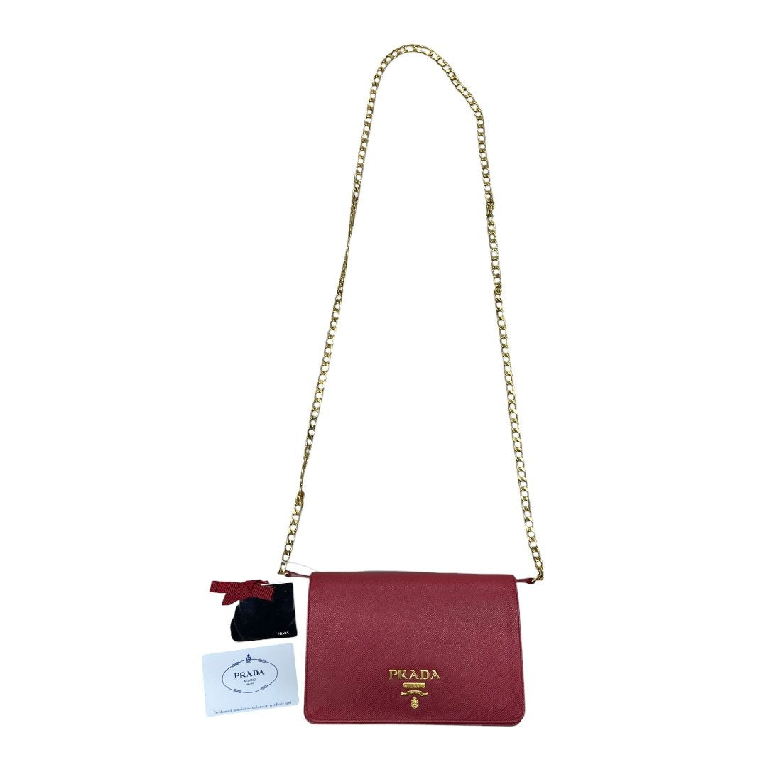 PRADA Saffiano Wallet on Chain Shoulder Bag Red Gold Hardware PR207