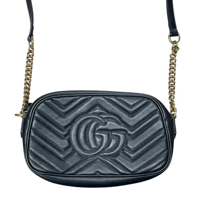 GUCCI Leather GG Marmont Matelassé Small Shoulder Bag Black Gold Hardware Gu639