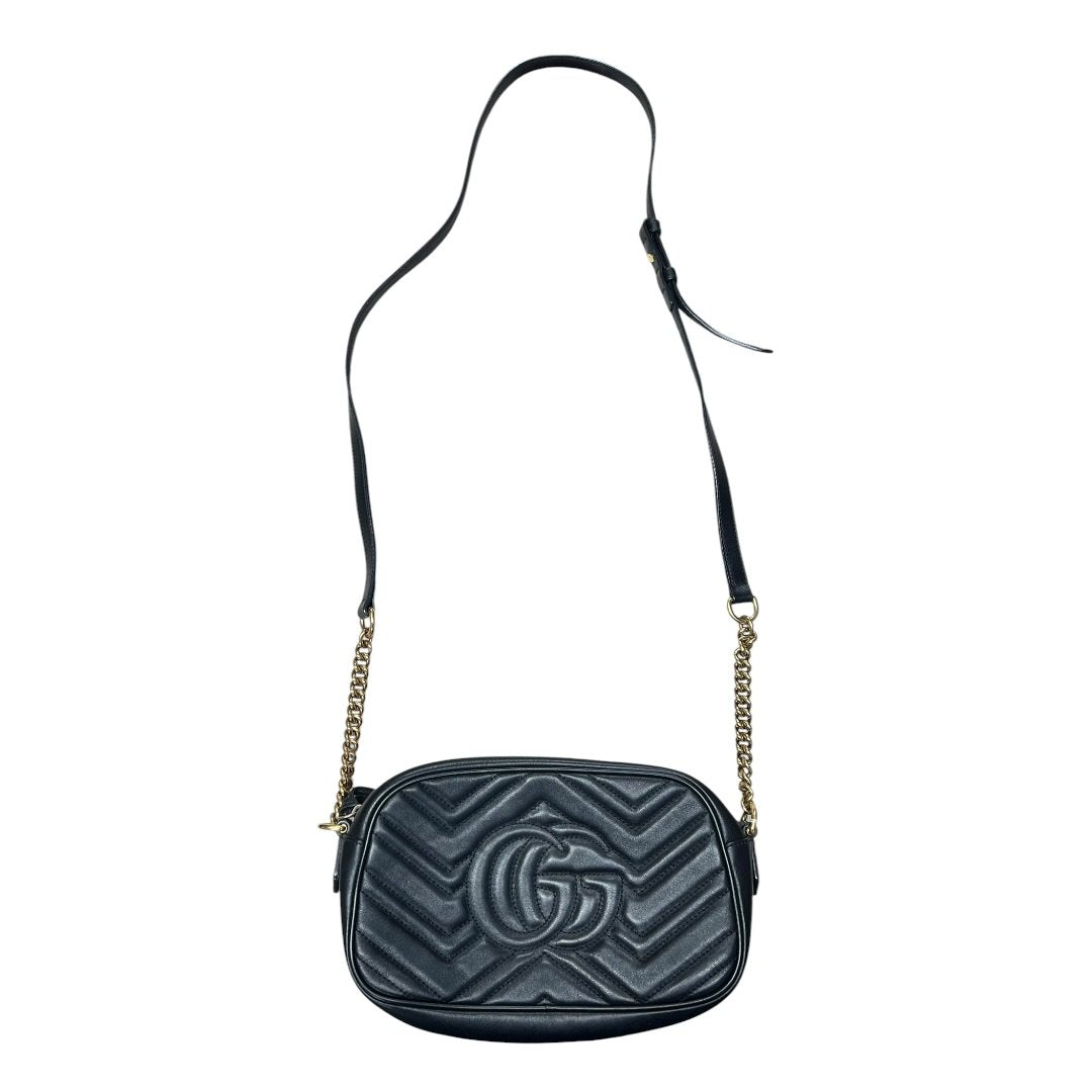 GUCCI Leather GG Marmont Matelassé Small Shoulder Bag Black Gold Hardware Gu639