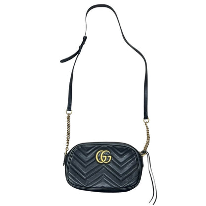 GUCCI Leather GG Marmont Matelassé Small Shoulder Bag Black Gold Hardware Gu639