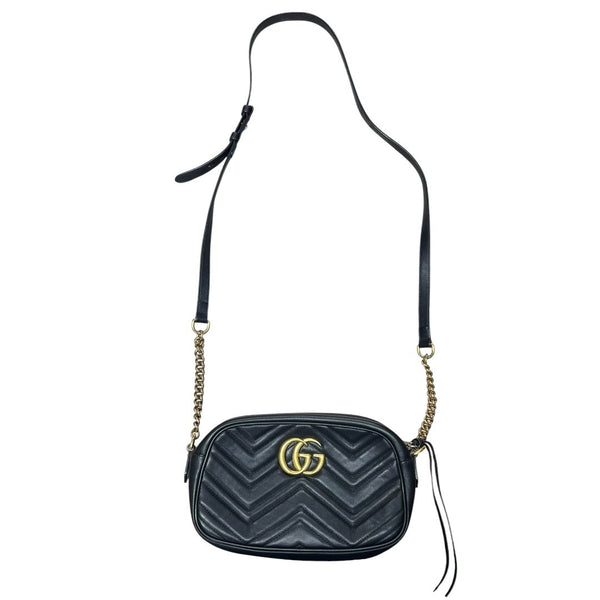 GUCCI Leather GG Marmont Matelassé Small Shoulder Bag Black Gold Hardware Gu639