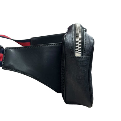 GUCCI GG Supreme Canvas GG Supreme Belt Bag Black/Grey with Navy/Red strap Silver Hardware Gu632