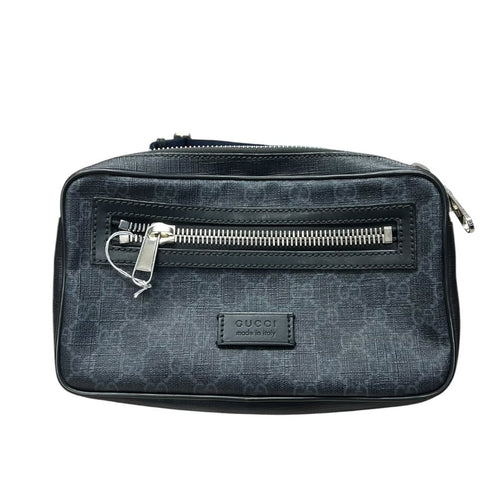 GUCCI GG Supreme Canvas GG Supreme Belt Bag Black/Grey with Navy/Red strap Silver Hardware Gu632