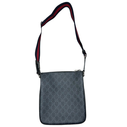 GUCCI GG Supreme Canvas GG Supreme Messenger Bag Shoulder Bag Grey/Black with Red and Blue Strap Silver Hardware Gu634