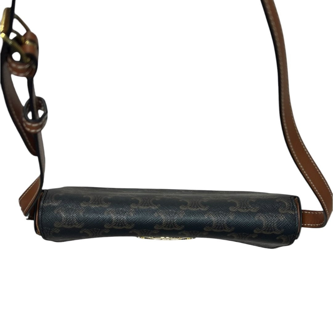 CELINE Triomphe Canvas Teen Triomphe Bag Shoulder Bag Dark Brown, Tan Gold Hardware Ce263