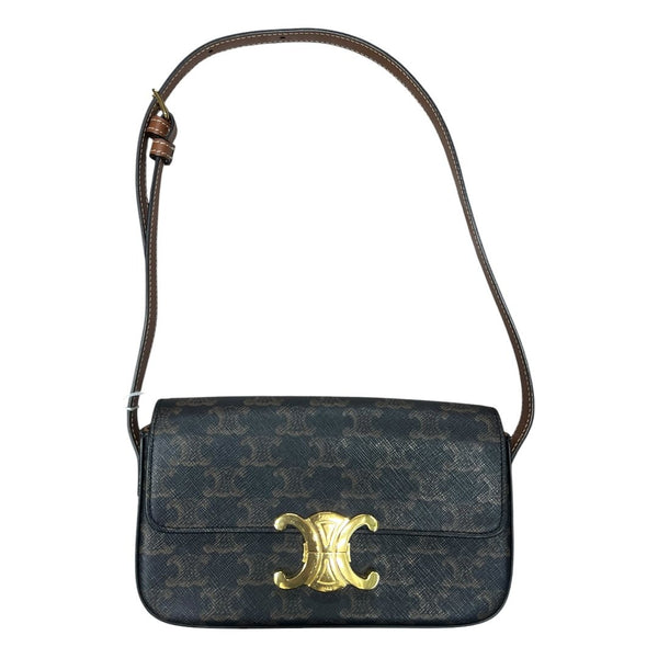 CELINE Triomphe Canvas Teen Triomphe Bag Shoulder Bag Dark Brown, Tan Gold Hardware Ce263