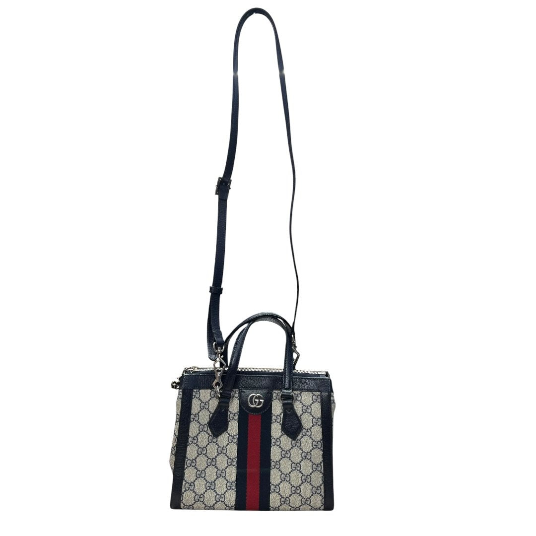 GUCCI GG Supreme Canvas Ophidia Small Top Handle Bag Handbag / Shoulder Bag Beige, Blue, Red Silver Hardware GU630