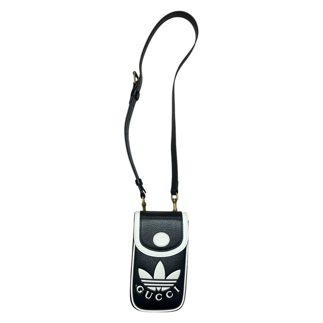 GUCCI Grained Leather Adidas x Gucci Phone Holder Black and White Gold Hardware Gu635
