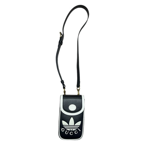 GUCCI Grained Leather Adidas x Gucci Phone Holder Black and White Gold Hardware Gu635