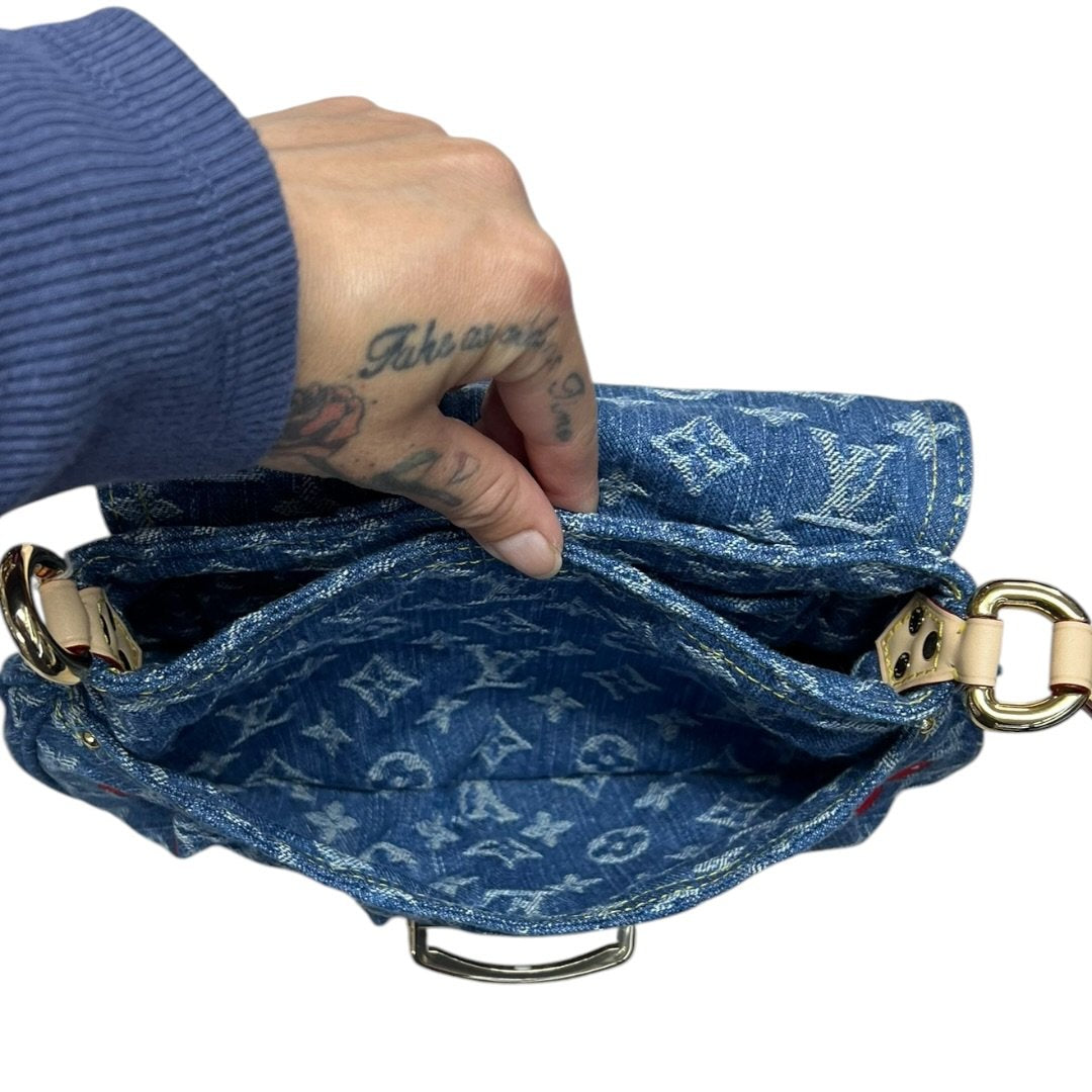 LOUIS VUITTON Monogram Denim, Vachetta Monogram Denim Cerises Sac Fermoir Shoulder Bag Blue, Red, Natural Gold Hardware LO2368