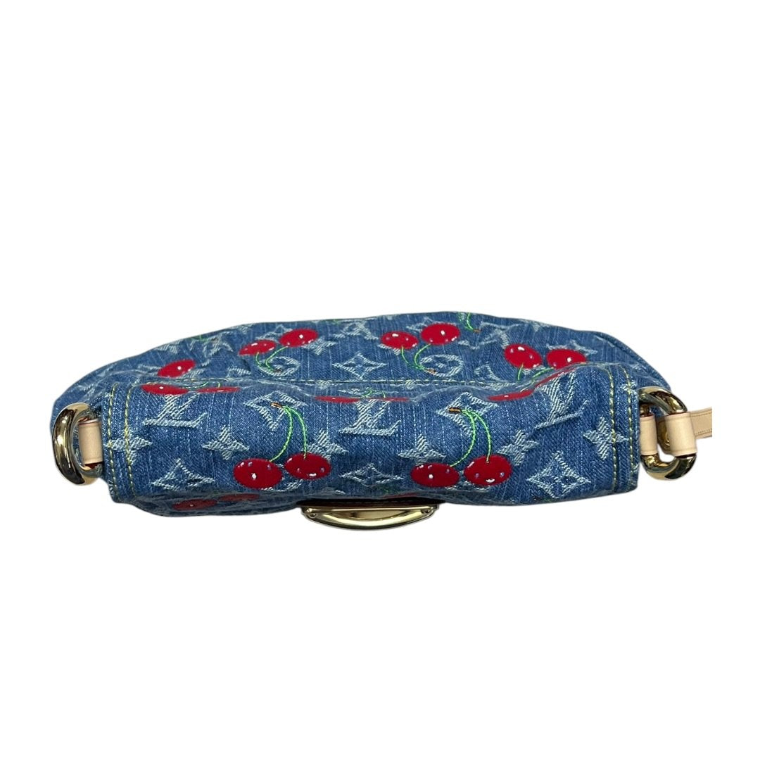 LOUIS VUITTON Monogram Denim, Vachetta Monogram Denim Cerises Sac Fermoir Shoulder Bag Blue, Red, Natural Gold Hardware LO2368