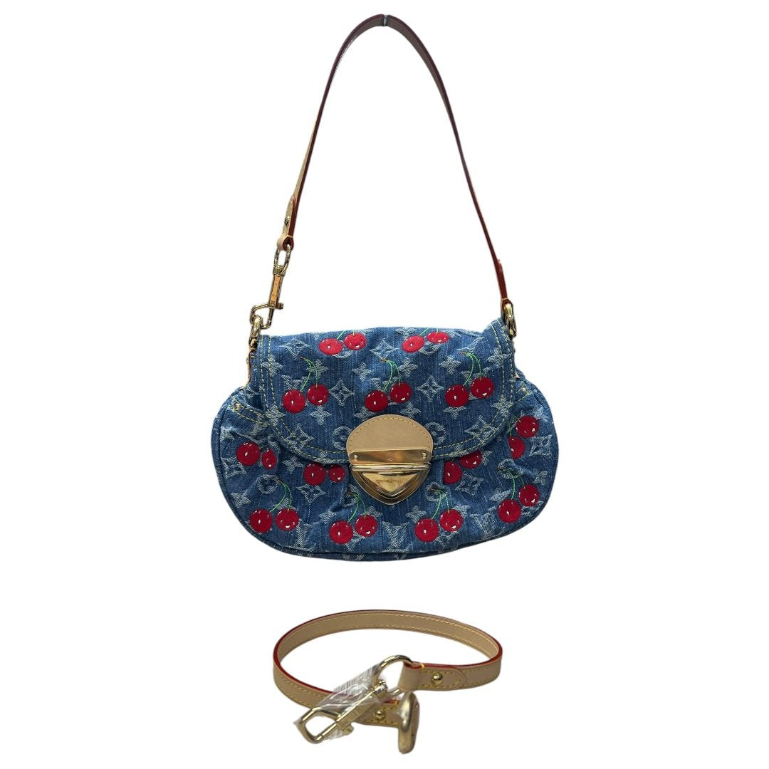 LOUIS VUITTON Monogram Denim, Vachetta Monogram Denim Cerises Sac Fermoir Shoulder Bag Blue, Red, Natural Gold Hardware LO2368