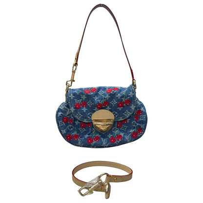 LOUIS VUITTON Monogram Denim, Vachetta Monogram Denim Cerises Sac Fermoir Shoulder Bag Blue, Red, Natural Gold Hardware LO2368
