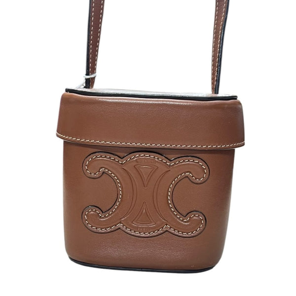 CELINE Calfskin Tambour Bag Crossbody Bag Brown Gold-tone Hardware Ce262