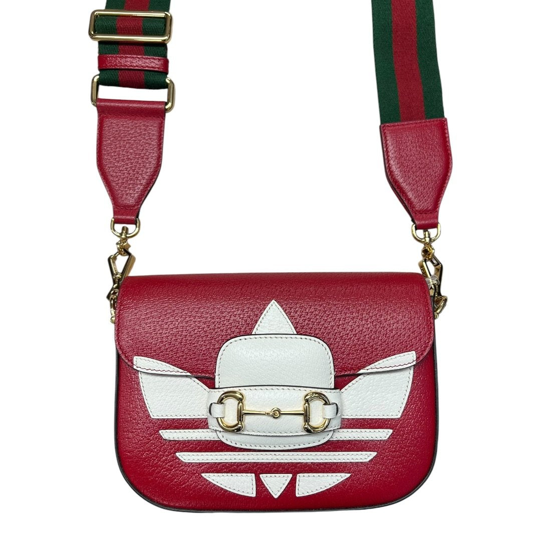 GUCCI Grained Leather Adidas x Gucci Horsebit 1955 Mini Bag Shoulder Bag Red Gold Hardware GU647