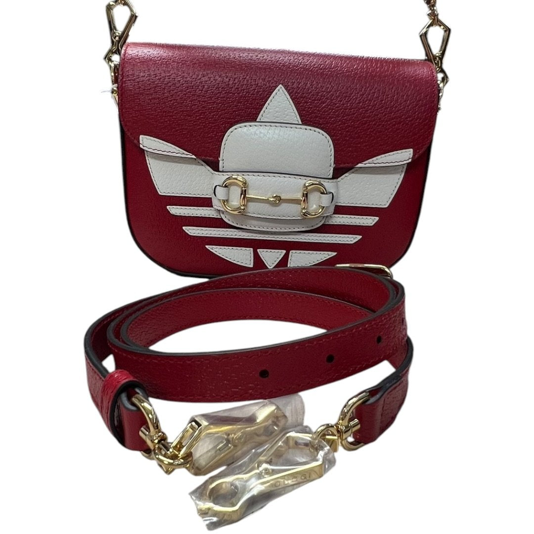 GUCCI Grained Leather Adidas x Gucci Horsebit 1955 Mini Bag Shoulder Bag Red Gold Hardware GU647